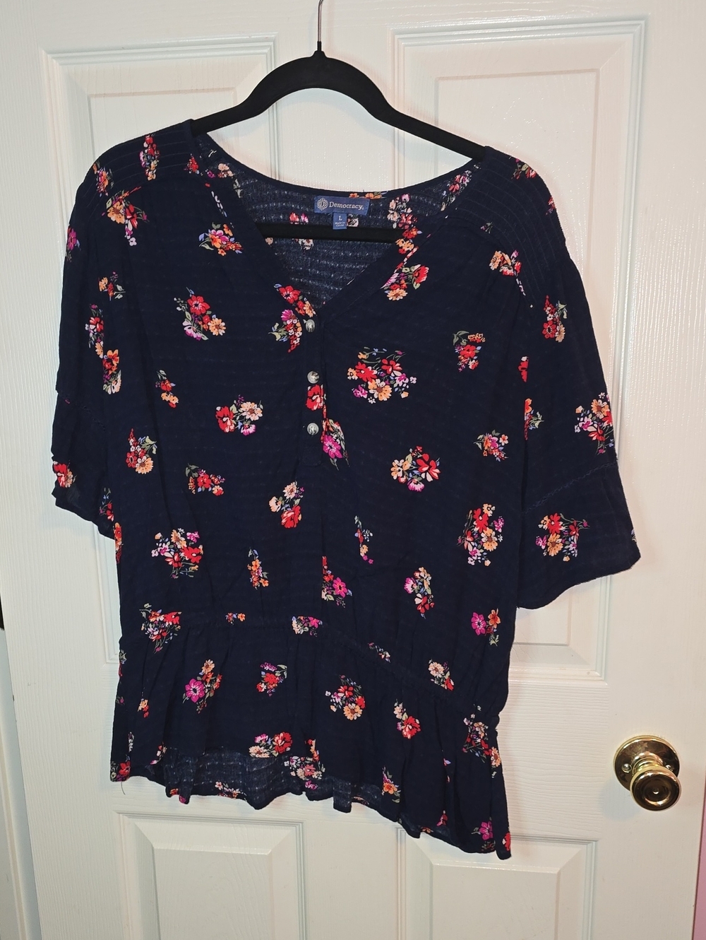 Democracy Navy Floral Button-Front Peplum Top
